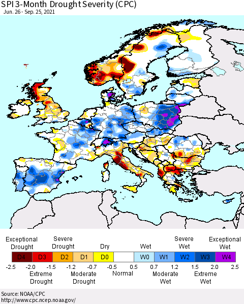 Europe SPI 3-Month Drought Severity (CPC) Thematic Map For 6/26/2021 - 9/25/2021