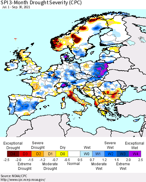 Europe SPI 3-Month Drought Severity (CPC) Thematic Map For 7/1/2021 - 9/30/2021