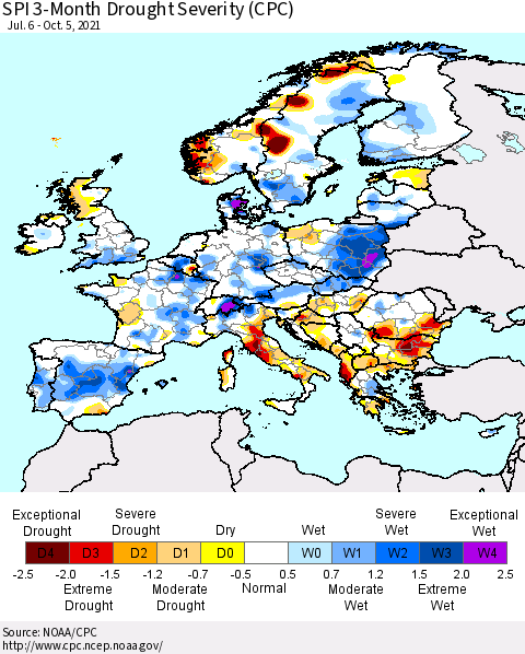 Europe SPI 3-Month Drought Severity (CPC) Thematic Map For 7/6/2021 - 10/5/2021