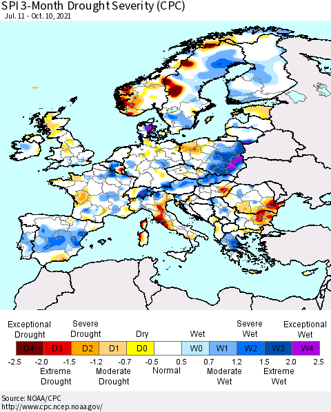 Europe SPI 3-Month Drought Severity (CPC) Thematic Map For 7/11/2021 - 10/10/2021