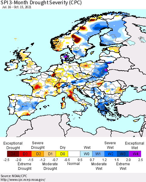Europe SPI 3-Month Drought Severity (CPC) Thematic Map For 7/16/2021 - 10/15/2021