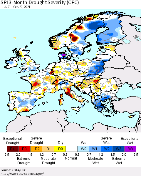 Europe SPI 3-Month Drought Severity (CPC) Thematic Map For 7/21/2021 - 10/20/2021
