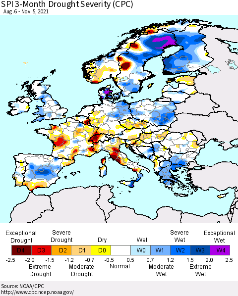 Europe SPI 3-Month Drought Severity (CPC) Thematic Map For 8/6/2021 - 11/5/2021