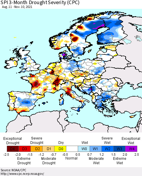 Europe SPI 3-Month Drought Severity (CPC) Thematic Map For 8/11/2021 - 11/10/2021