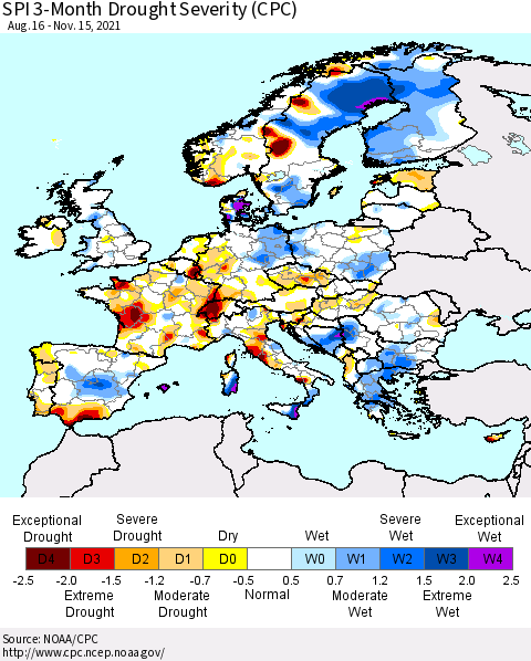 Europe SPI 3-Month Drought Severity (CPC) Thematic Map For 8/16/2021 - 11/15/2021