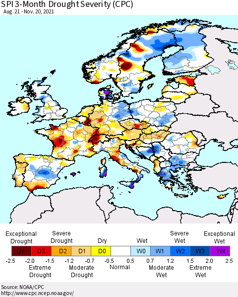 Europe SPI 3-Month Drought Severity (CPC) Thematic Map For 8/21/2021 - 11/20/2021