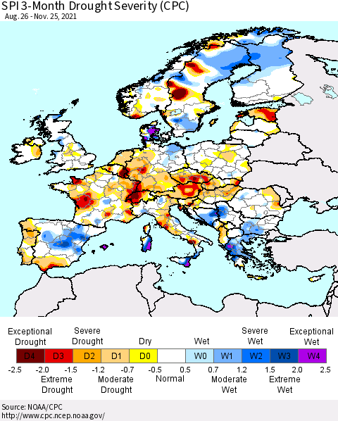 Europe SPI 3-Month Drought Severity (CPC) Thematic Map For 8/26/2021 - 11/25/2021