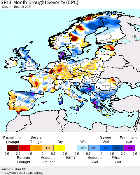 Europe SPI 3-Month Drought Severity (CPC) Thematic Map For 9/11/2021 - 12/10/2021