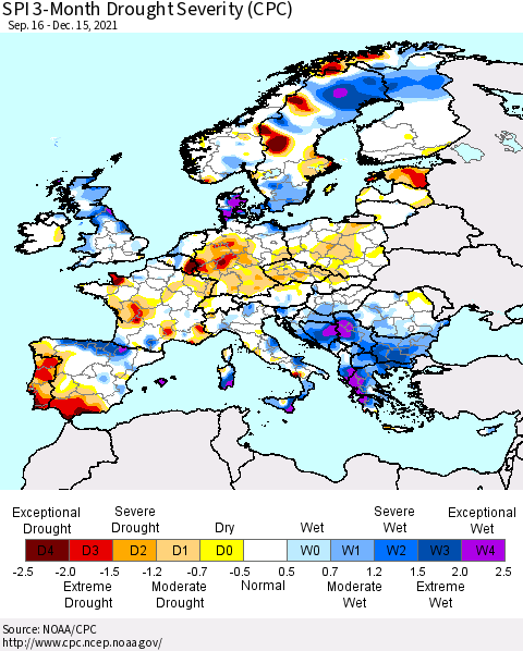 Europe SPI 3-Month Drought Severity (CPC) Thematic Map For 9/16/2021 - 12/15/2021