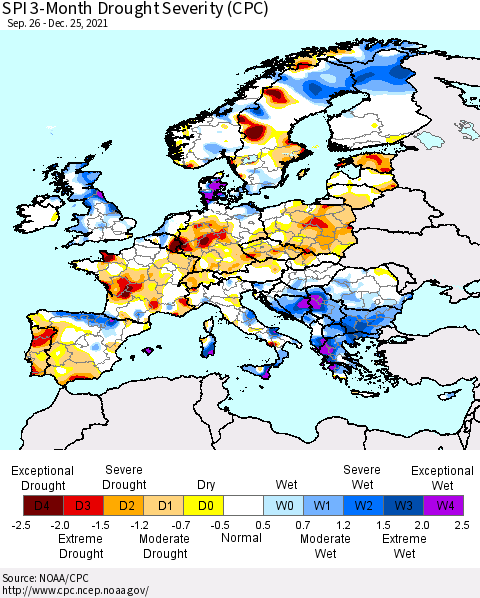 Europe SPI 3-Month Drought Severity (CPC) Thematic Map For 9/26/2021 - 12/25/2021