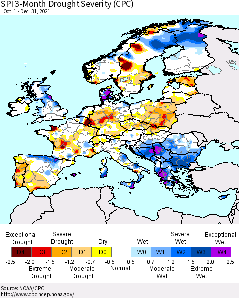 Europe SPI 3-Month Drought Severity (CPC) Thematic Map For 10/1/2021 - 12/31/2021