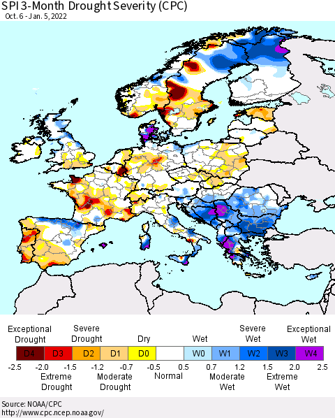 Europe SPI 3-Month Drought Severity (CPC) Thematic Map For 10/6/2021 - 1/5/2022