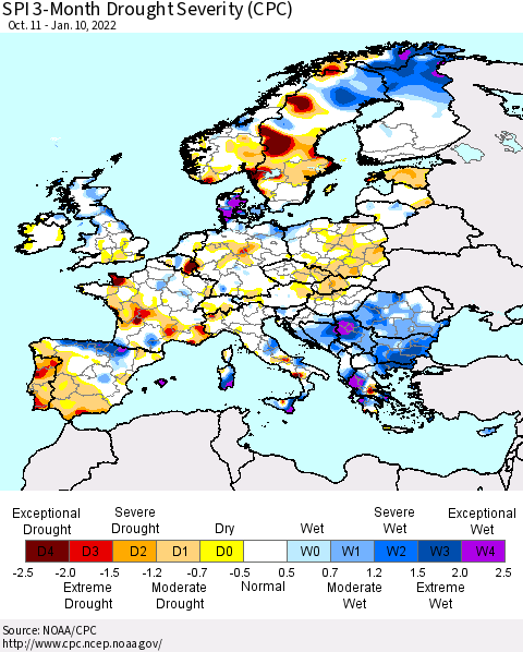 Europe SPI 3-Month Drought Severity (CPC) Thematic Map For 10/11/2021 - 1/10/2022