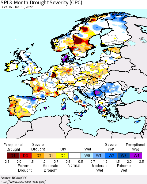 Europe SPI 3-Month Drought Severity (CPC) Thematic Map For 10/16/2021 - 1/15/2022