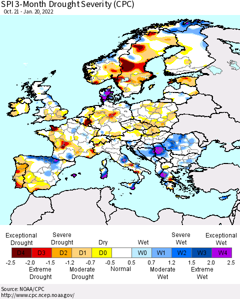 Europe SPI 3-Month Drought Severity (CPC) Thematic Map For 10/21/2021 - 1/20/2022