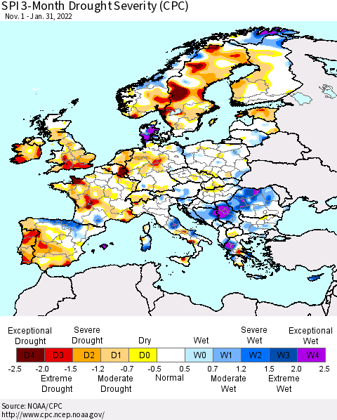 Europe SPI 3-Month Drought Severity (CPC) Thematic Map For 11/1/2021 - 1/31/2022
