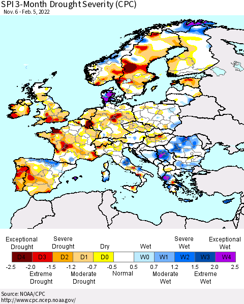 Europe SPI 3-Month Drought Severity (CPC) Thematic Map For 11/6/2021 - 2/5/2022