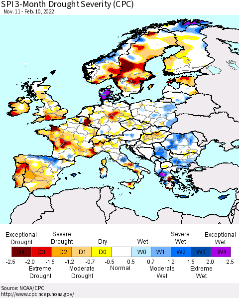 Europe SPI 3-Month Drought Severity (CPC) Thematic Map For 11/11/2021 - 2/10/2022