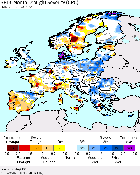 Europe SPI 3-Month Drought Severity (CPC) Thematic Map For 11/21/2021 - 2/20/2022