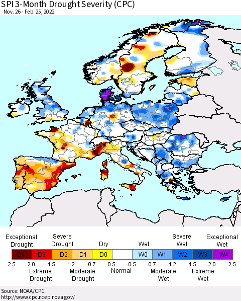 Europe SPI 3-Month Drought Severity (CPC) Thematic Map For 11/26/2021 - 2/25/2022
