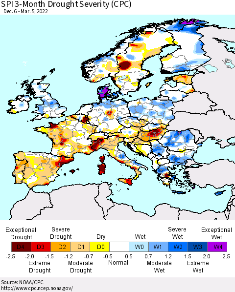 Europe SPI 3-Month Drought Severity (CPC) Thematic Map For 12/6/2021 - 3/5/2022