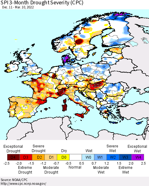 Europe SPI 3-Month Drought Severity (CPC) Thematic Map For 12/11/2021 - 3/10/2022