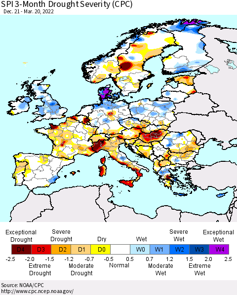 Europe SPI 3-Month Drought Severity (CPC) Thematic Map For 12/21/2021 - 3/20/2022