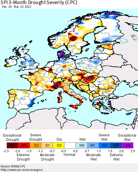 Europe SPI 3-Month Drought Severity (CPC) Thematic Map For 12/26/2021 - 3/25/2022