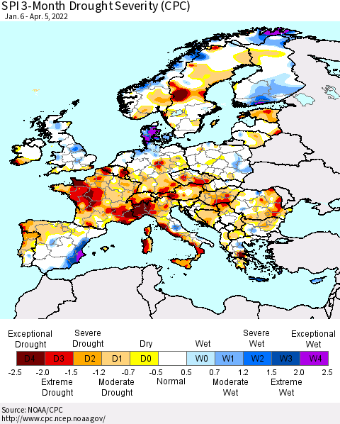 Europe SPI 3-Month Drought Severity (CPC) Thematic Map For 1/6/2022 - 4/5/2022
