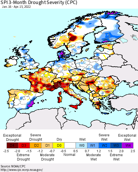 Europe SPI 3-Month Drought Severity (CPC) Thematic Map For 1/16/2022 - 4/15/2022