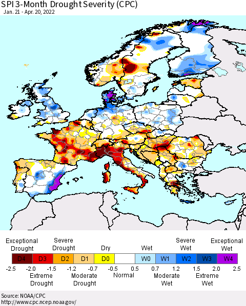 Europe SPI 3-Month Drought Severity (CPC) Thematic Map For 1/21/2022 - 4/20/2022