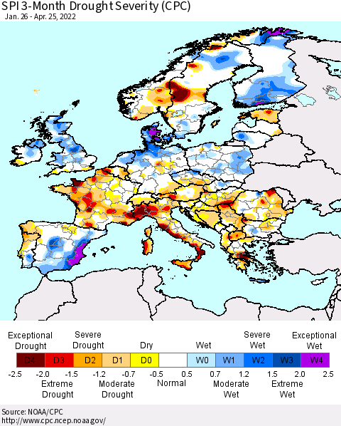 Europe SPI 3-Month Drought Severity (CPC) Thematic Map For 1/26/2022 - 4/25/2022