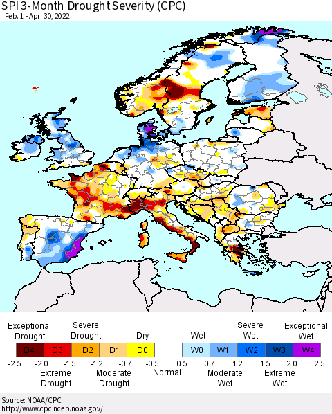Europe SPI 3-Month Drought Severity (CPC) Thematic Map For 2/1/2022 - 4/30/2022