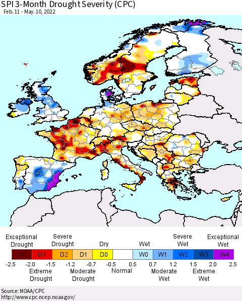 Europe SPI 3-Month Drought Severity (CPC) Thematic Map For 2/11/2022 - 5/10/2022
