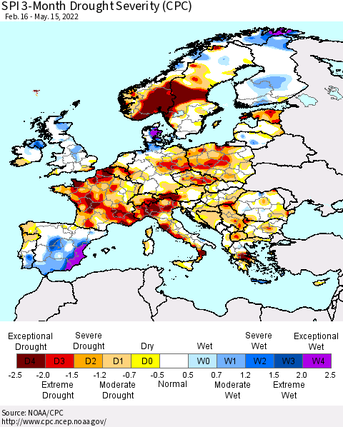 Europe SPI 3-Month Drought Severity (CPC) Thematic Map For 2/16/2022 - 5/15/2022