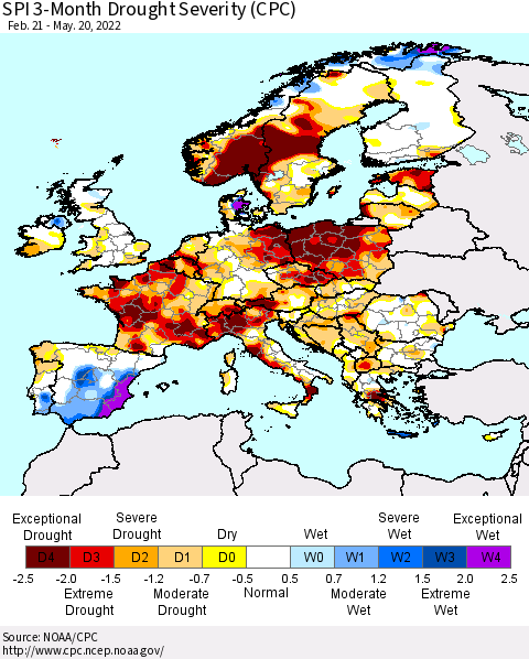 Europe SPI 3-Month Drought Severity (CPC) Thematic Map For 2/21/2022 - 5/20/2022