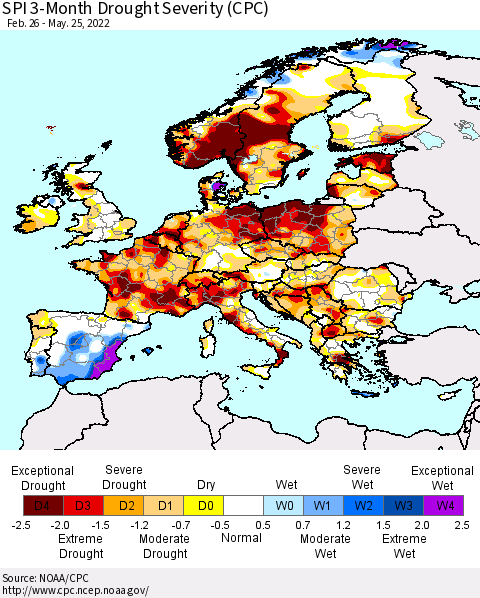 Europe SPI 3-Month Drought Severity (CPC) Thematic Map For 2/26/2022 - 5/25/2022