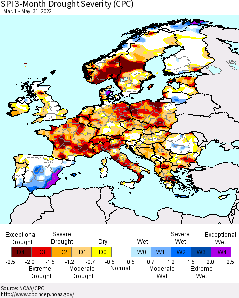 Europe SPI 3-Month Drought Severity (CPC) Thematic Map For 3/1/2022 - 5/31/2022