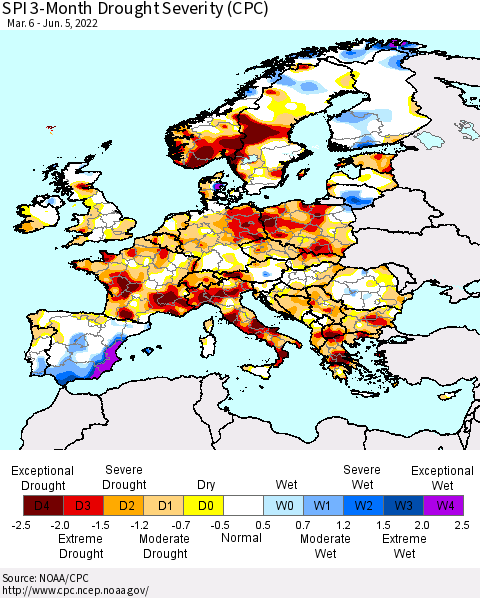 Europe SPI 3-Month Drought Severity (CPC) Thematic Map For 3/6/2022 - 6/5/2022