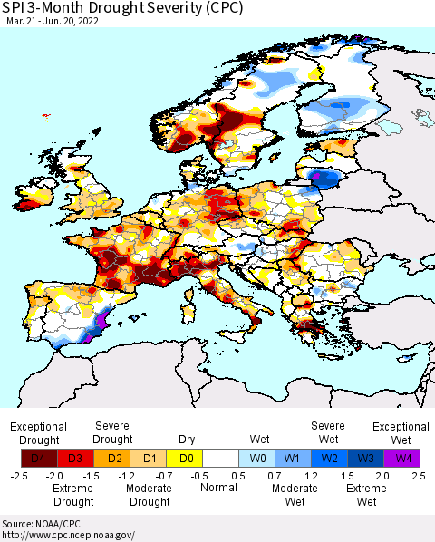 Europe SPI 3-Month Drought Severity (CPC) Thematic Map For 3/21/2022 - 6/20/2022