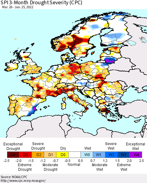 Europe SPI 3-Month Drought Severity (CPC) Thematic Map For 3/26/2022 - 6/25/2022