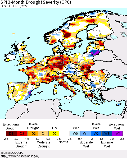 Europe SPI 3-Month Drought Severity (CPC) Thematic Map For 4/11/2022 - 7/10/2022