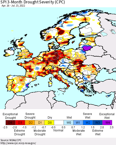 Europe SPI 3-Month Drought Severity (CPC) Thematic Map For 4/16/2022 - 7/15/2022