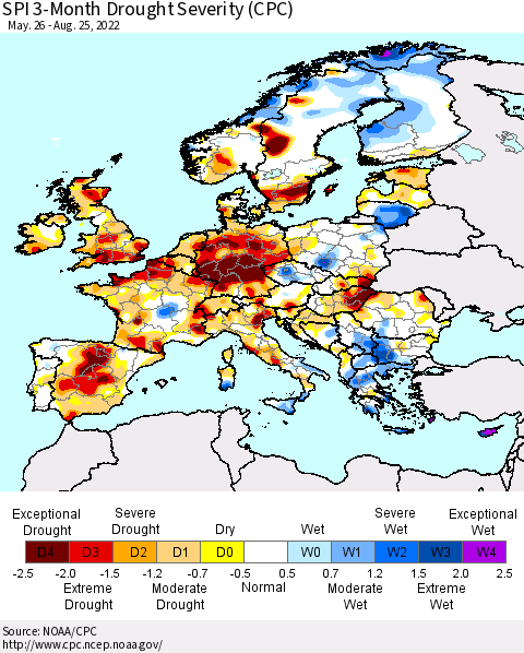 Europe SPI 3-Month Drought Severity (CPC) Thematic Map For 5/26/2022 - 8/25/2022