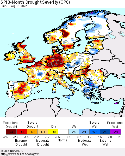 Europe SPI 3-Month Drought Severity (CPC) Thematic Map For 6/1/2022 - 8/31/2022