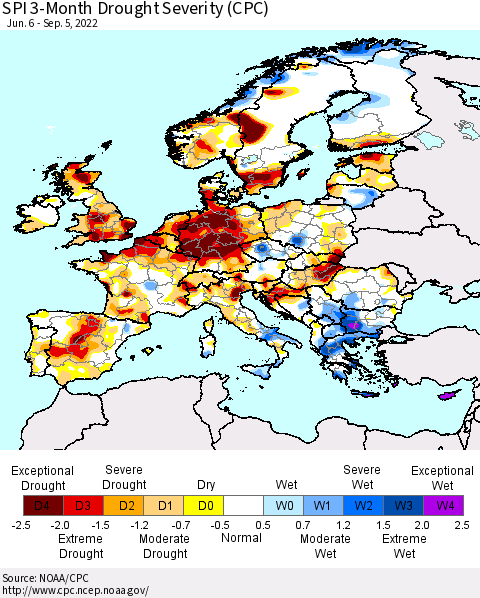 Europe SPI 3-Month Drought Severity (CPC) Thematic Map For 6/6/2022 - 9/5/2022