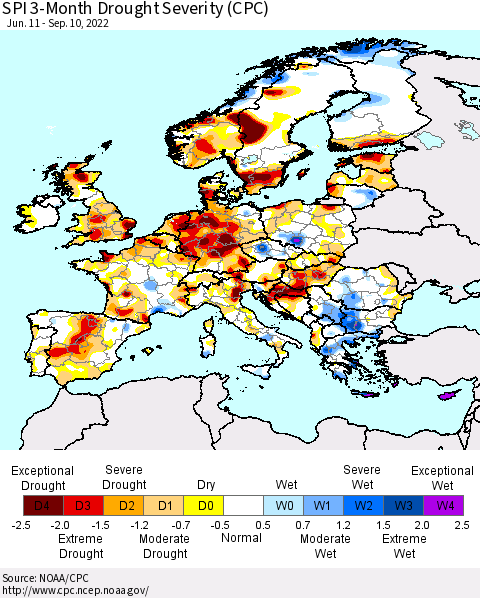 Europe SPI 3-Month Drought Severity (CPC) Thematic Map For 6/11/2022 - 9/10/2022