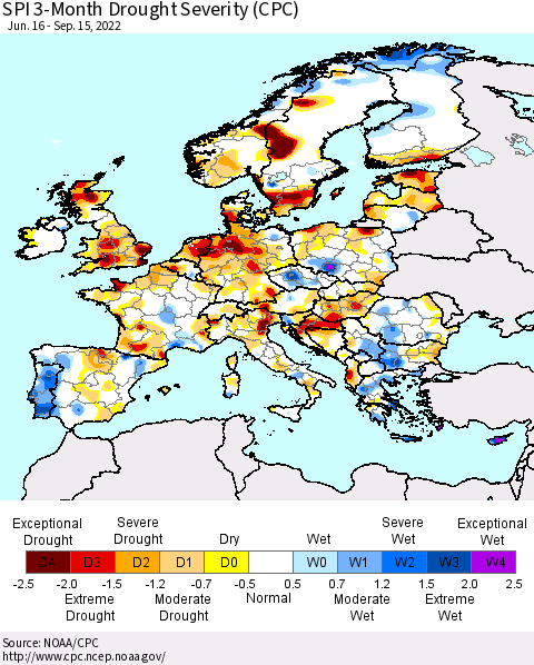 Europe SPI 3-Month Drought Severity (CPC) Thematic Map For 6/16/2022 - 9/15/2022