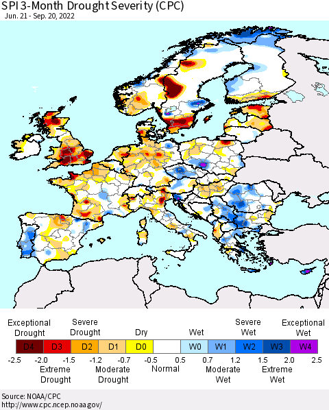 Europe SPI 3-Month Drought Severity (CPC) Thematic Map For 6/21/2022 - 9/20/2022