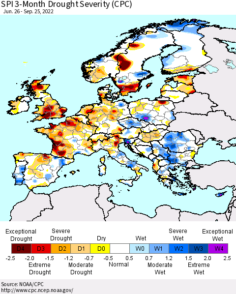 Europe SPI 3-Month Drought Severity (CPC) Thematic Map For 6/26/2022 - 9/25/2022